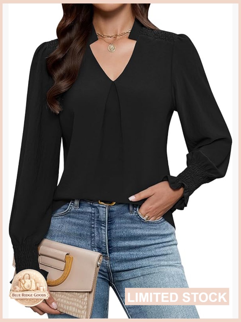 Dressy Long Sleeve V Neck Blouse Tunic Top Business Casual Office Fall Fashion